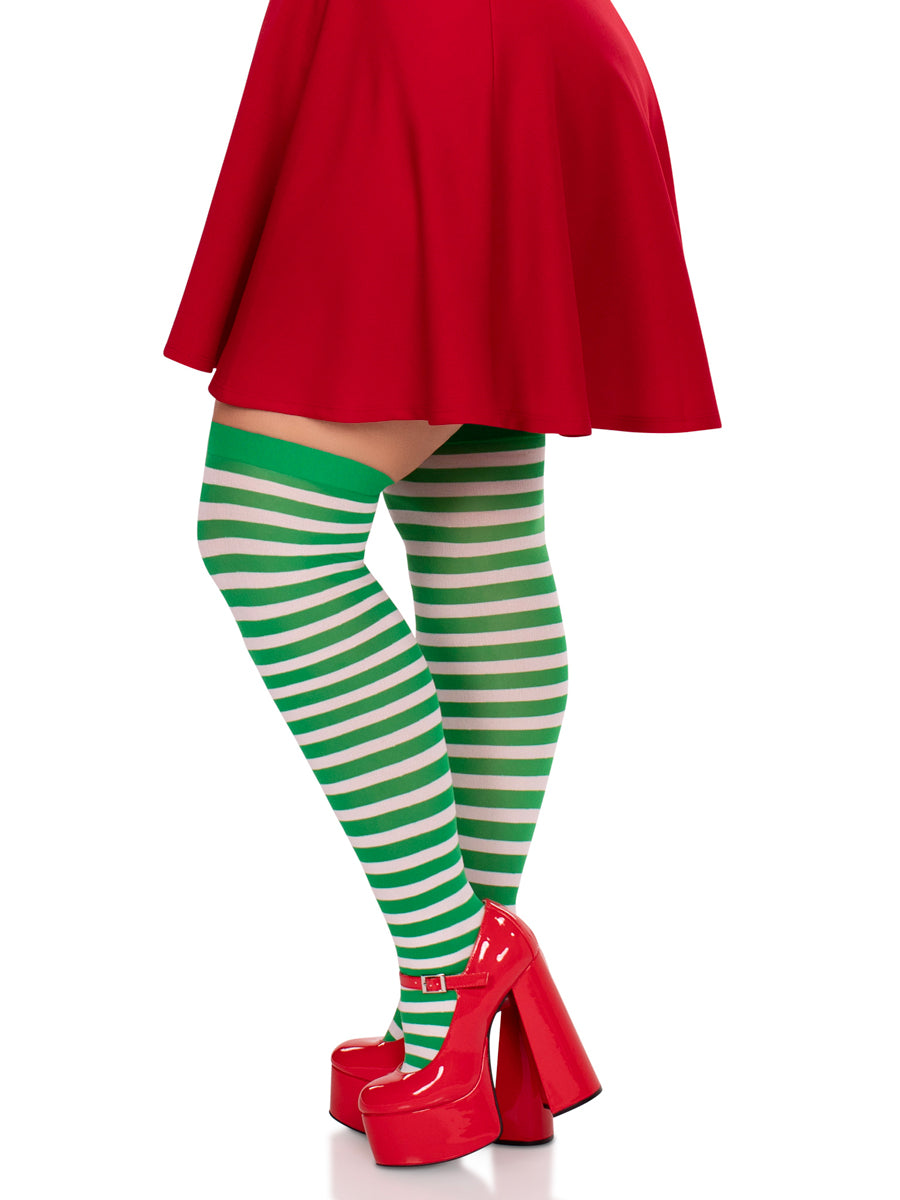 Plus Size Green And White Striped Nylon Costume Tights Side Image
