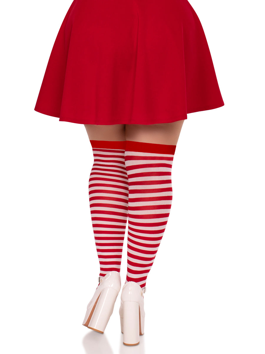 Plus Size Red And White Striped Nylon Costume Tights Back Image
