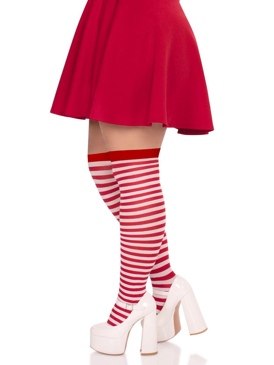 Plus Size Red And White Striped Nylon Costume Tights Side Image