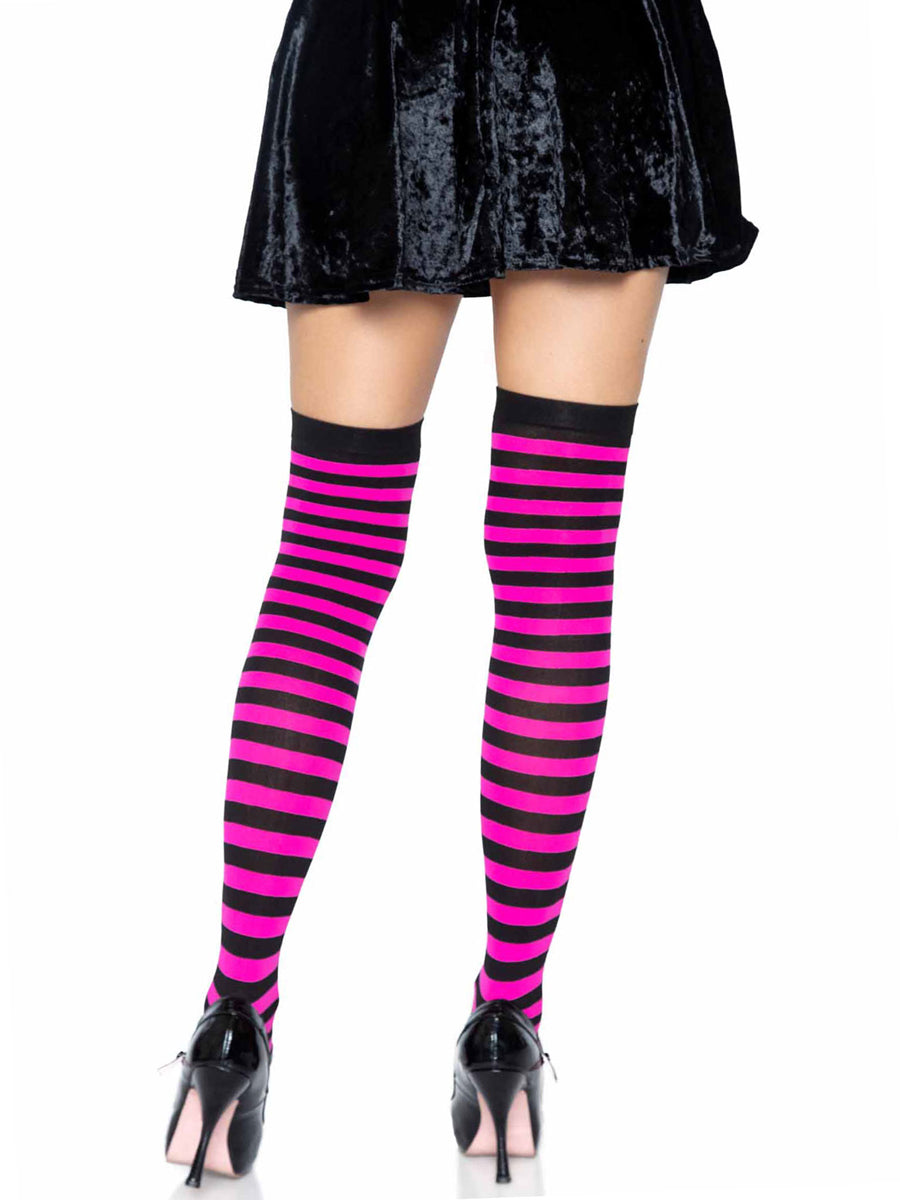 Womens Black And Pink Striped Nylon Costume Tights Back Image
