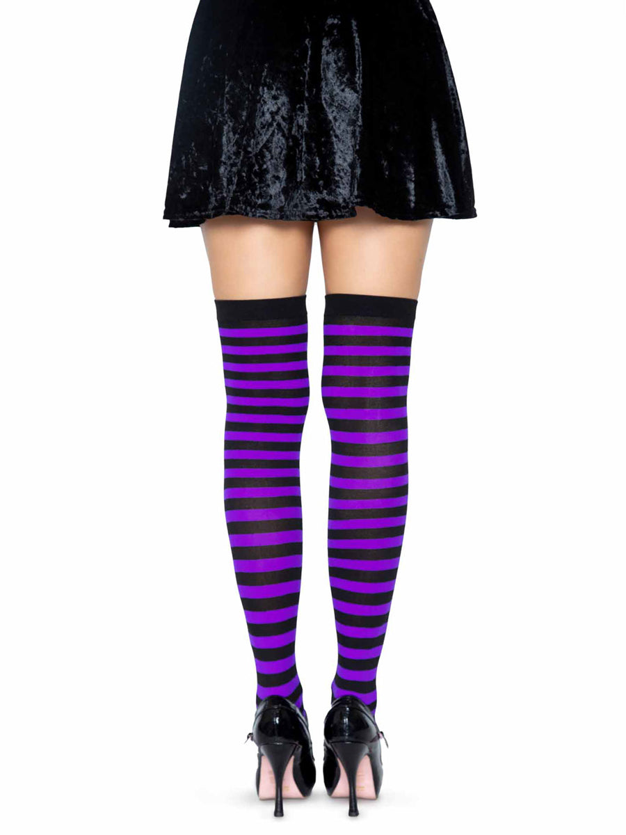 Womens Black And Purple Striped Nylon Costume Tights Back Image