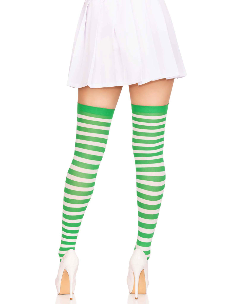 Womens Green And White Striped Nylon Costume Tights Back Image