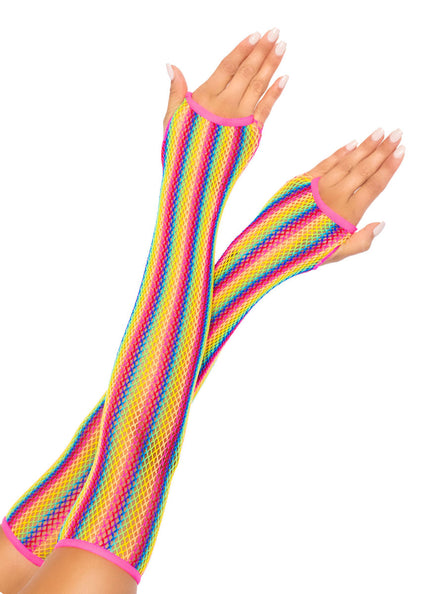 Rainbow Striped Womens Fishnet Costume Arm Warmers