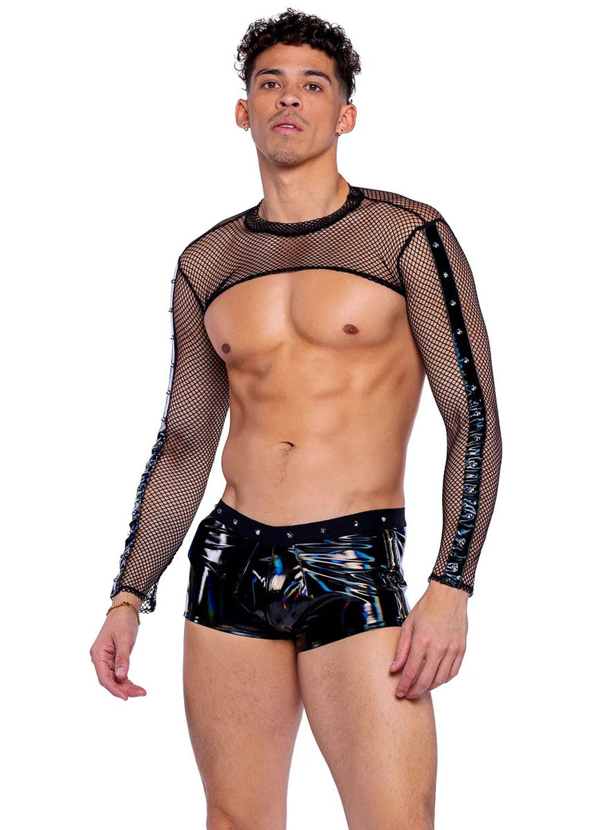 Studded Black Fishnet and Vinyl Long Sleeve Shrug