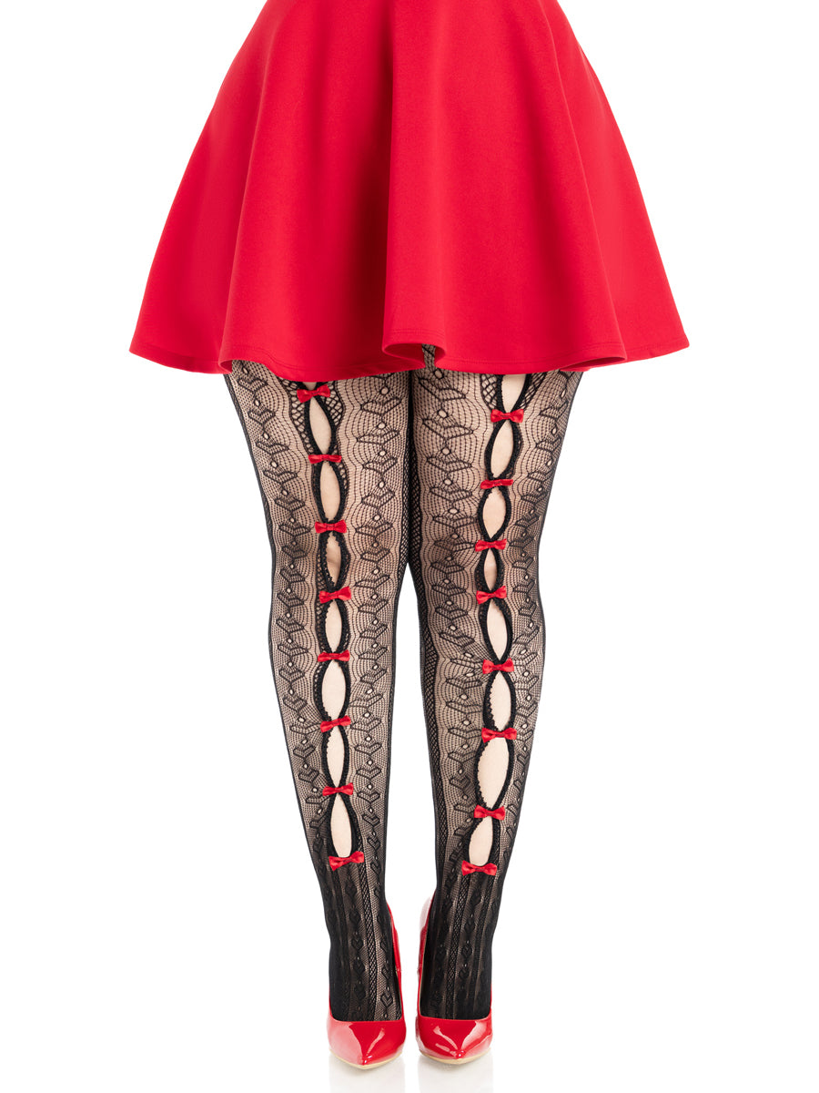 Plus Size Womens Black And Red Sweetheart Striped Net Stockings With Keyholes And Mini Bows Alternative Image