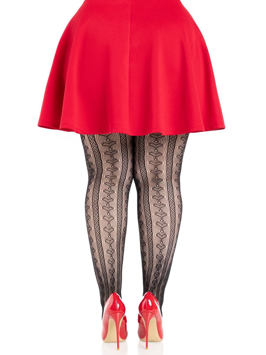 Plus Size Womens Black And Red Sweetheart Striped Net Stockings With Keyholes And Mini Bows Back Image