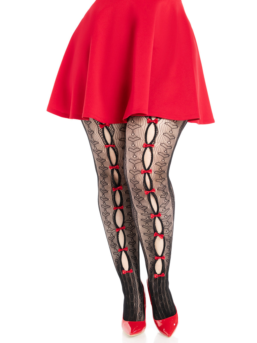 Plus Size Womens Black And Red Sweetheart Striped Net Stockings With Keyholes And Mini Bows Main Image