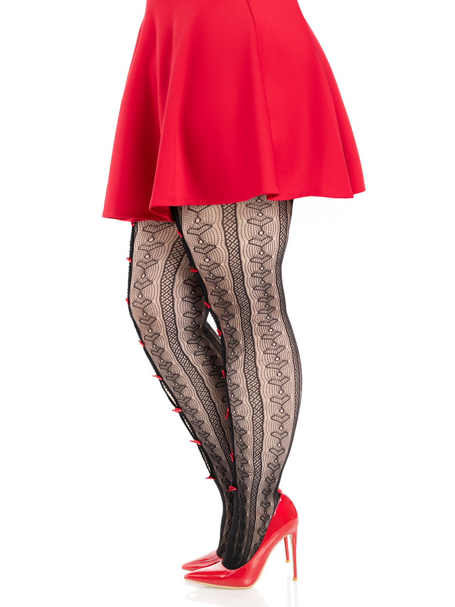 Plus Size Womens Black And Red Sweetheart Striped Net Stockings With Keyholes And Mini Bows Side Image