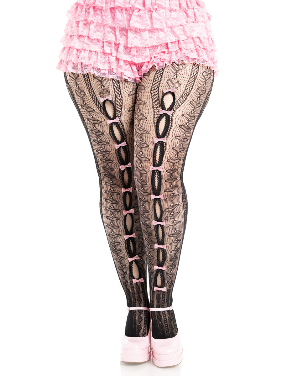 Plus Size Womens Black Sweetheart Striped Net Stockings With Keyholes And Mini Bows Alternative Image
