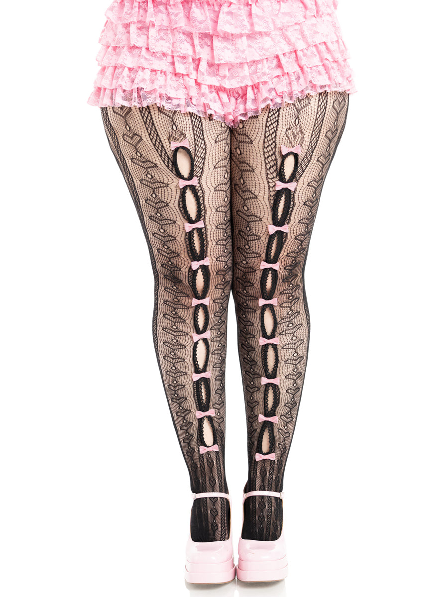 Plus Size Womens Black Sweetheart Striped Net Stockings With Keyholes And Mini Bows Main Image