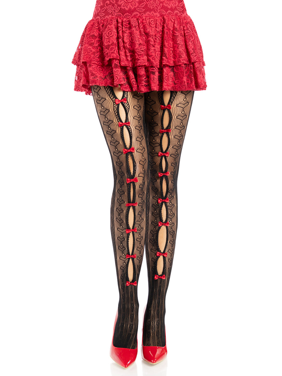 Womens Black And Red Sweetheart Striped Net Stockings With Keyholes And Mini Bows Alternative Image