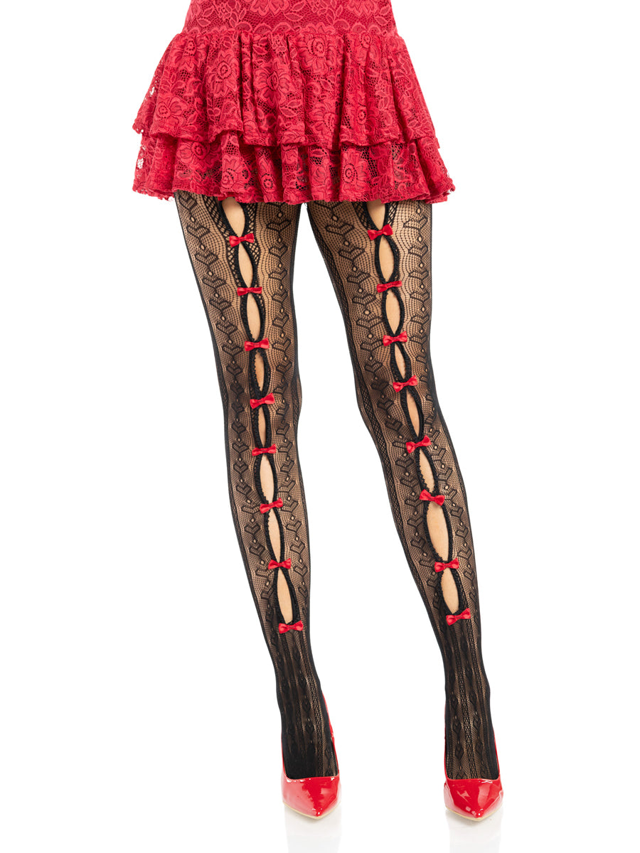 Womens Black And Red Sweetheart Striped Net Stockings With Keyholes And Mini Bows Main Image