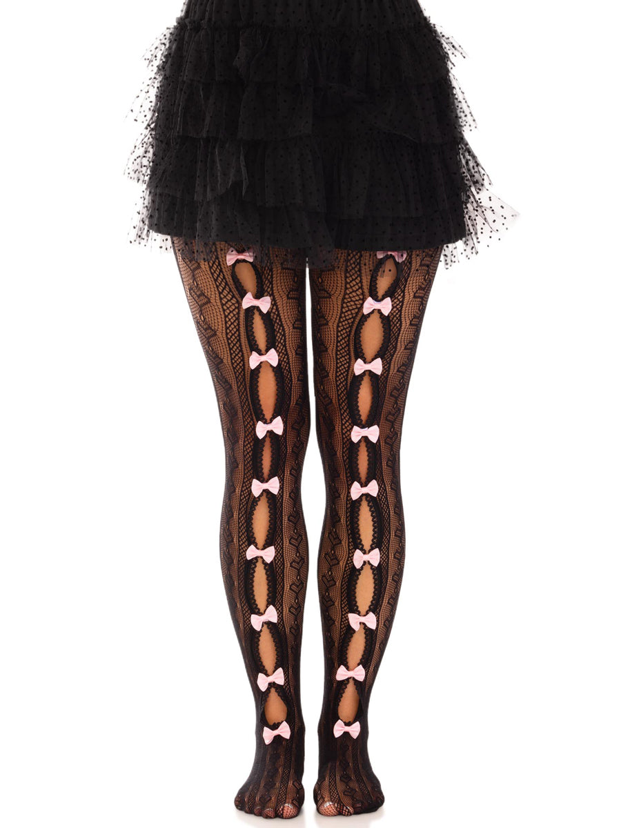 Womens Black Sweetheart Striped Net Stockings With Keyholes And Mini Bows Alternative Image