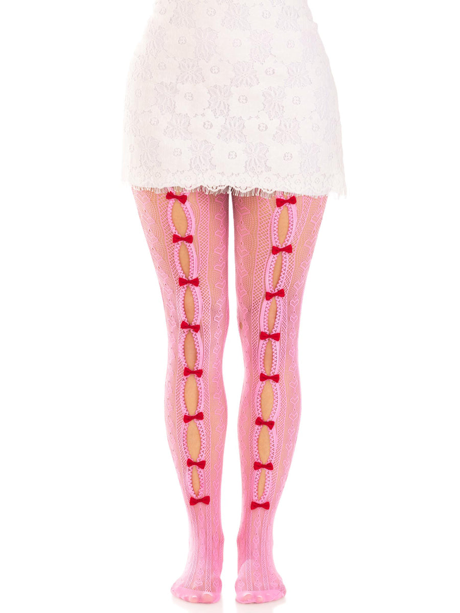 Womens Pink Sweetheart Striped Net Stockings With Keyholes And Mini Bows Alternative Image