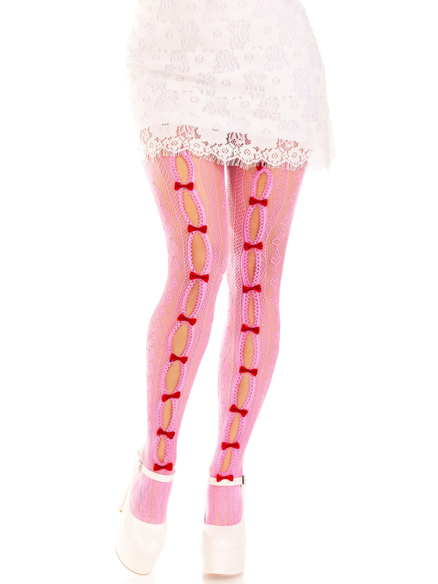 Womens Pink Sweetheart Striped Net Stockings With Keyholes And Mini Bows Main Image