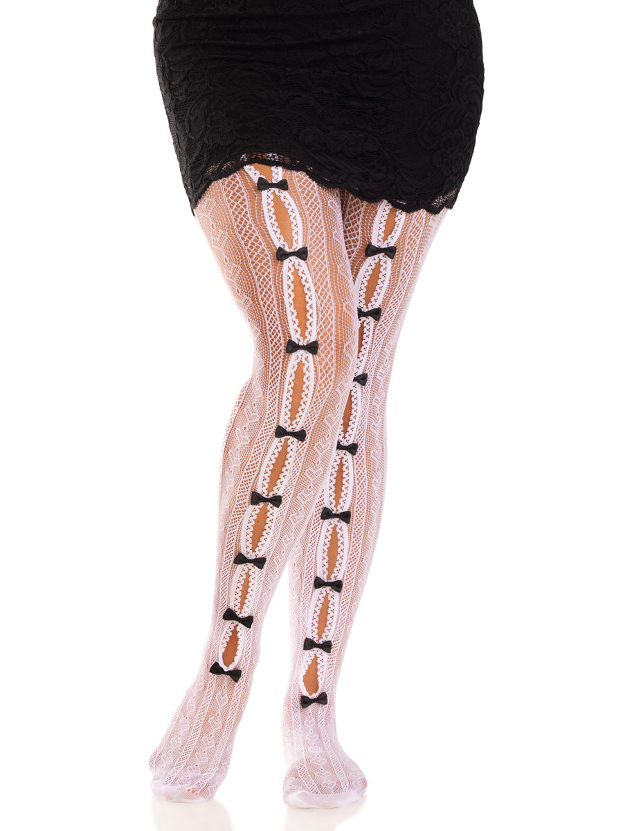 Womens White And Black Sweetheart Striped Net Stockings With Keyholes And Mini Bows Alternative Image