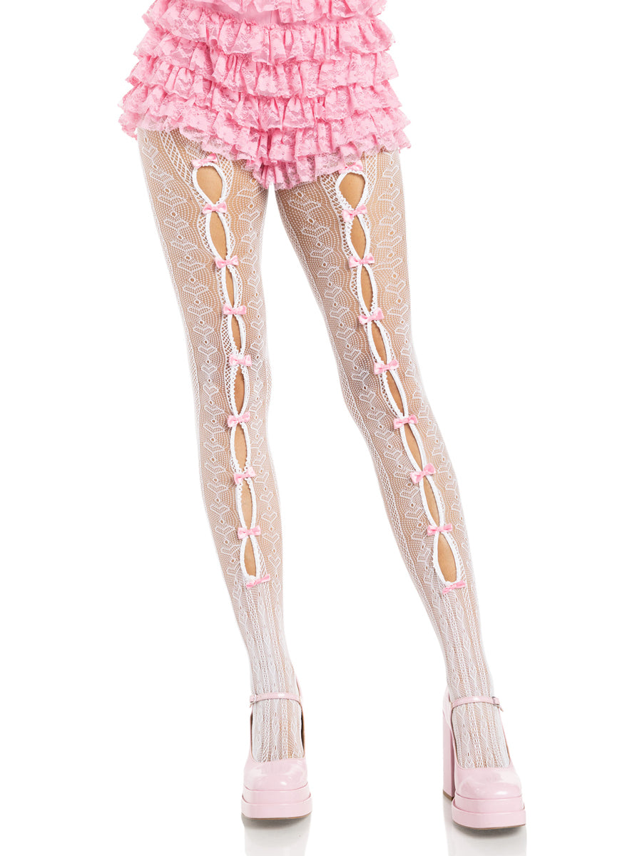 Womens White Sweetheart Striped Net Stockings With Keyholes And Mini Bows Alternative Image