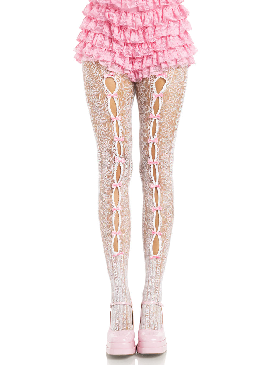 Womens White Sweetheart Striped Net Stockings With Keyholes And Mini Bows Main Image