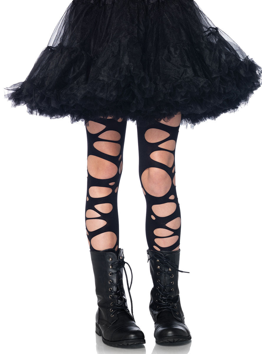 Girls Black Tattered Halloween Costume Tights Main Image