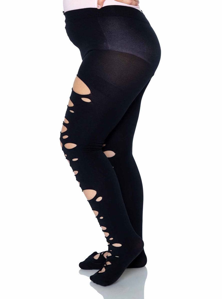 Girls Black Tattered Halloween Costume Tights Side Image