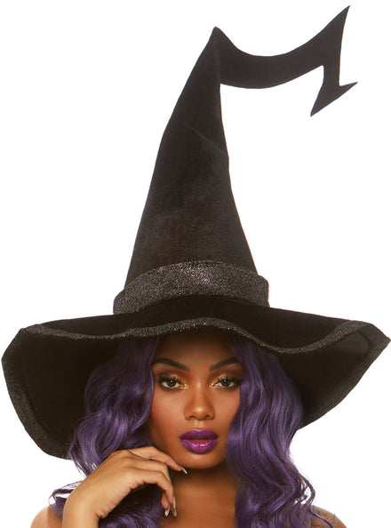 Womens Black Glitter Velvet Witch Halloween Costume Hat