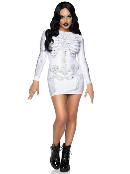 Rhinestone Skeleton Womens White Halloween Dress