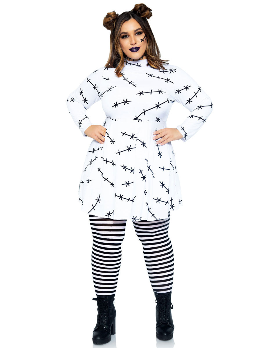 Plus Size Womens White Stitch Print Long Sleeve Halloween Costume Dress Main Image