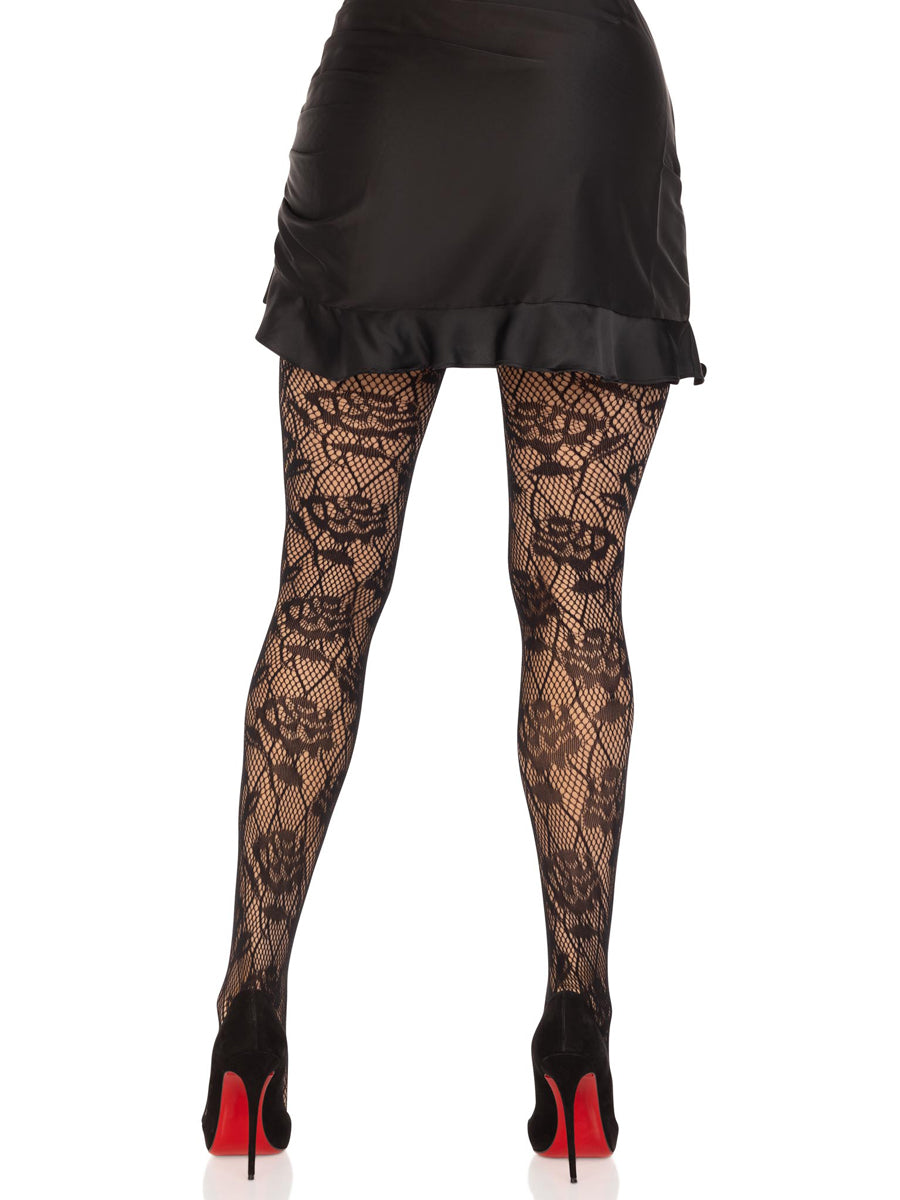 Womens Black Wild Rose Net Full Length Stockings Back Image