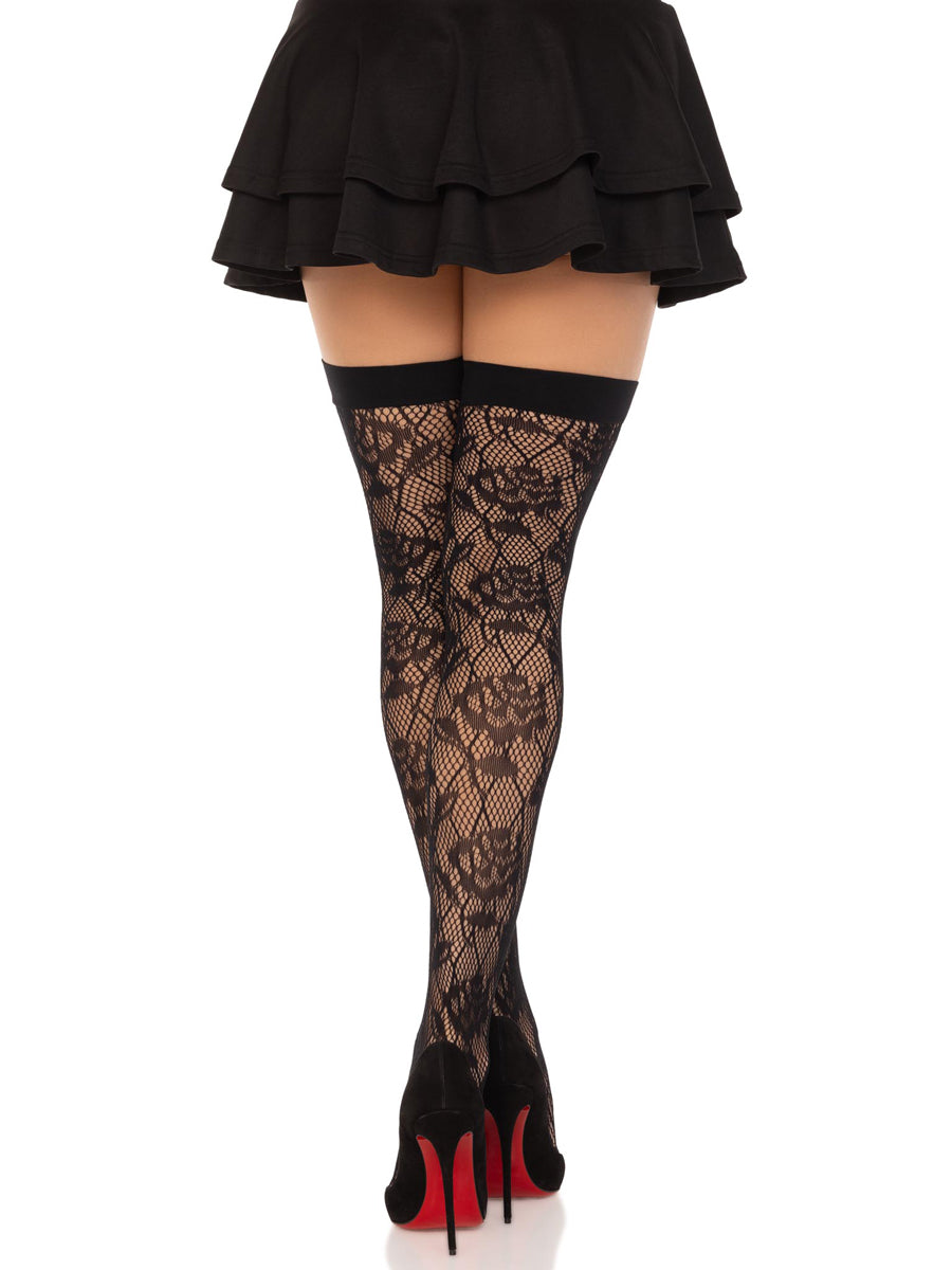 Womens Black Wild Rose Net Thigh High Stockings Back Image