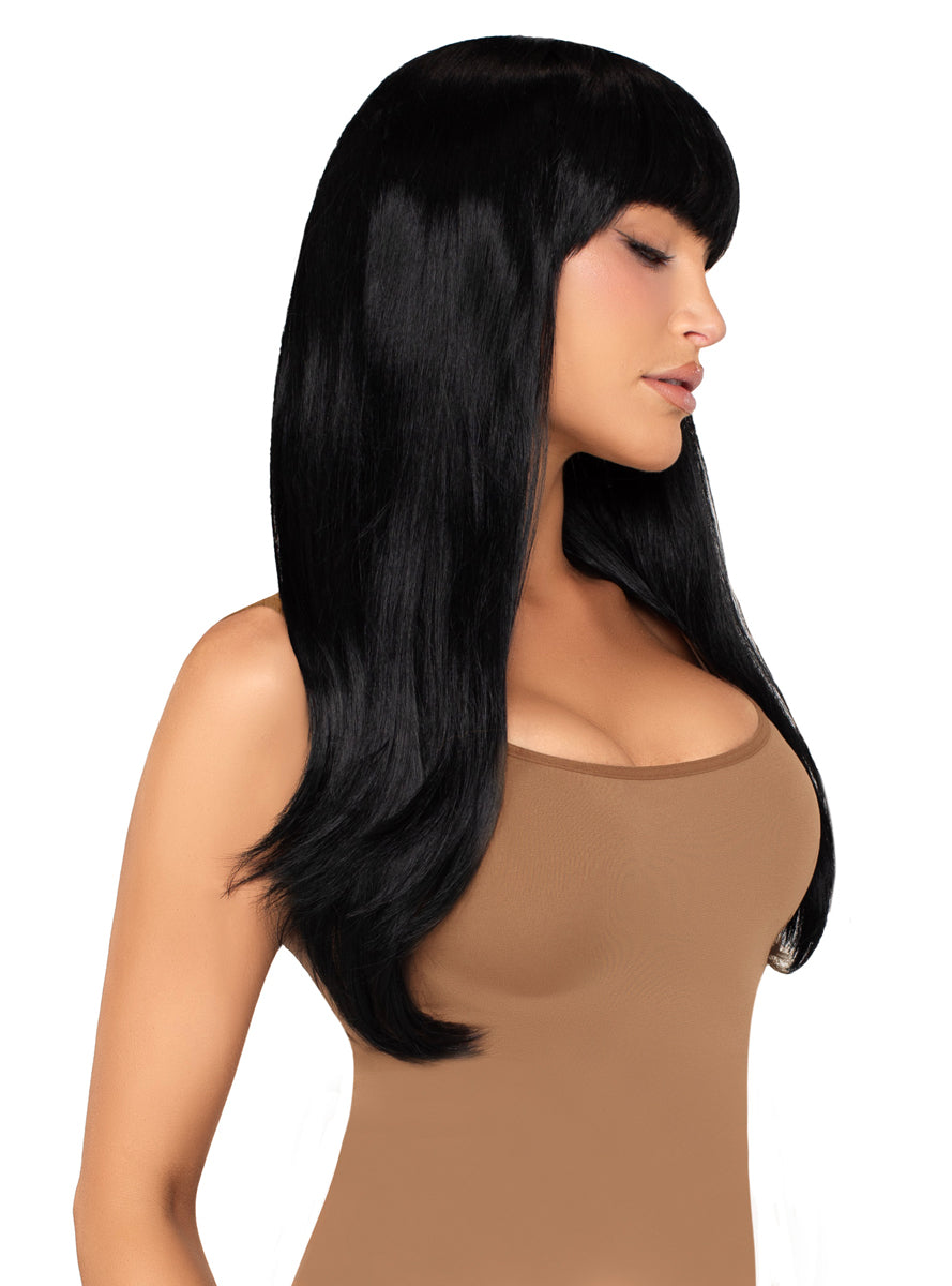 Bangin Black Long Straight Women's Costume Wig Wih Fringe - Side Image 