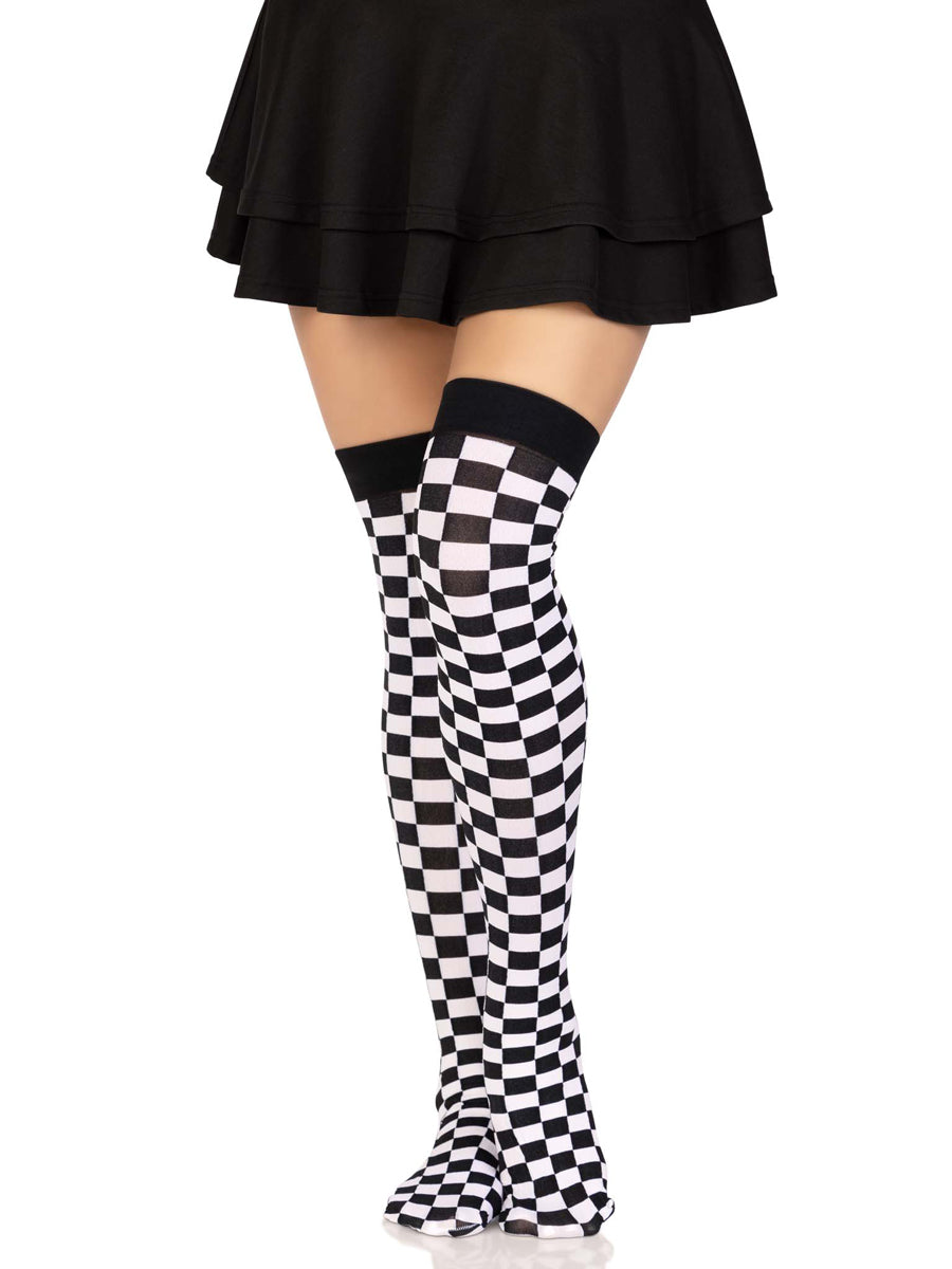 Womens Black And White Checkerboard Thigh High Stockings Alternative Image