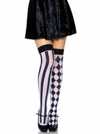 Harlequin Striped Black And White Costume Thigh High Stockings - Main Image