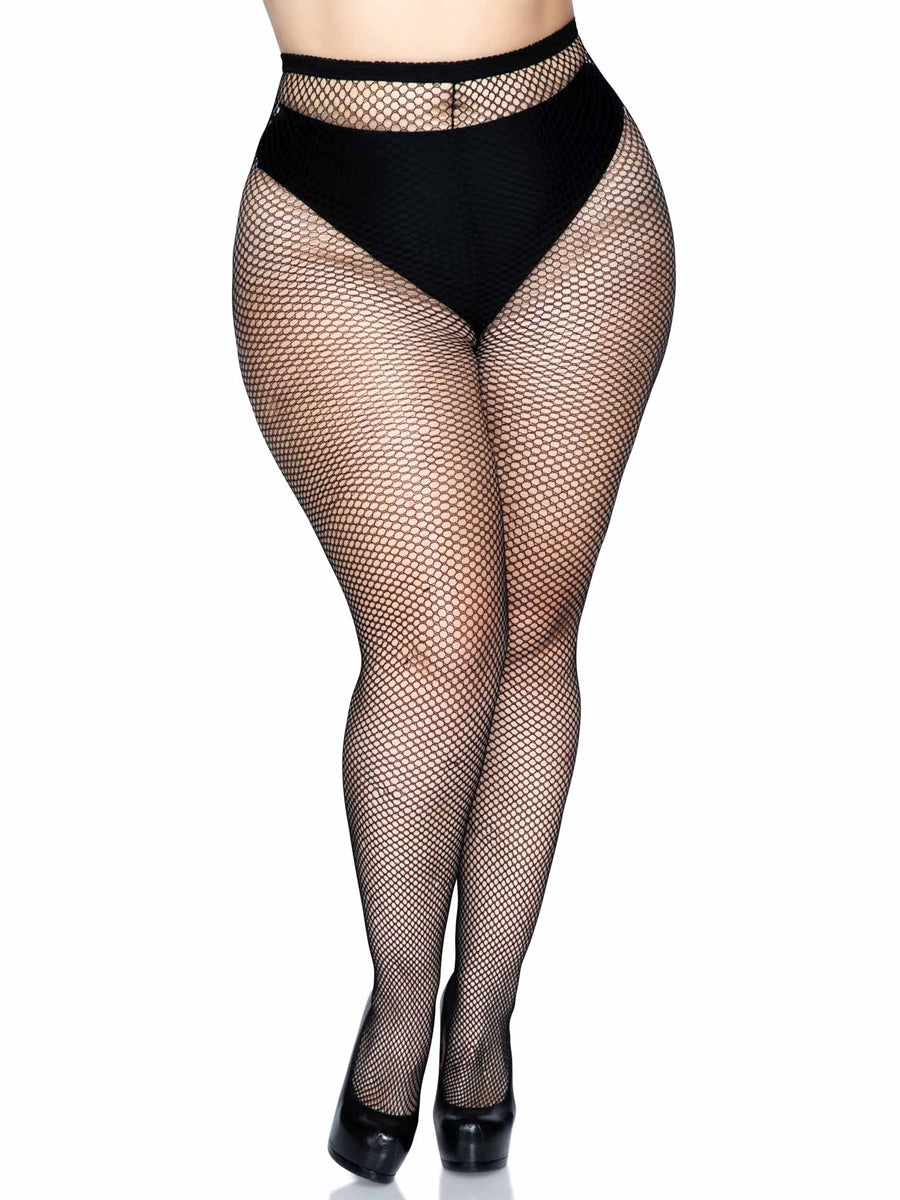 Sexy Full Length Black Fishnet Women's Pantyhose with Back Seam - Front Image