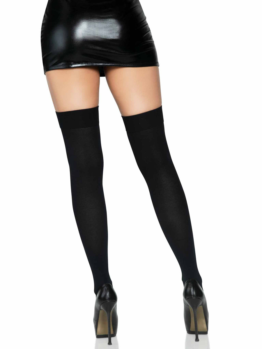 Women's Black Thigh High Opaque Costume Stockings - Back Image