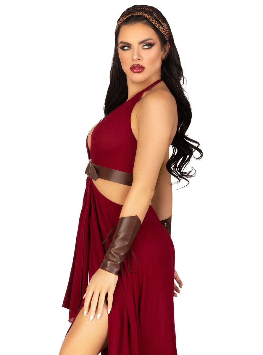 Womens Burgundy Red Warrior Maiden Costume Close Side Image