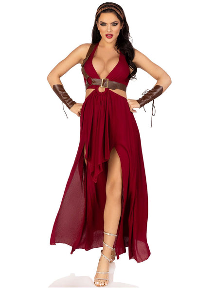 Womens Burgundy Red Warrior Maiden Costume Full Front Image