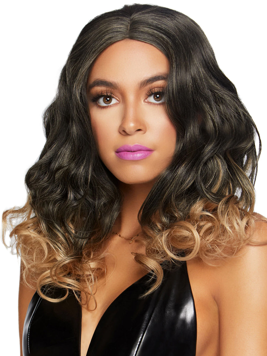 Womens Curly Ombre Brown And Blonde Costume Wig Alternative Image 1
