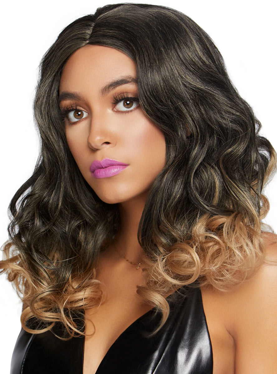Womens Curly Ombre Brown And Blonde Costume Wig Alternative Image 2