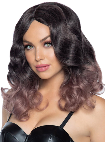 Womens Curly Ombre Brown And Mauve Costume Wig Main Image