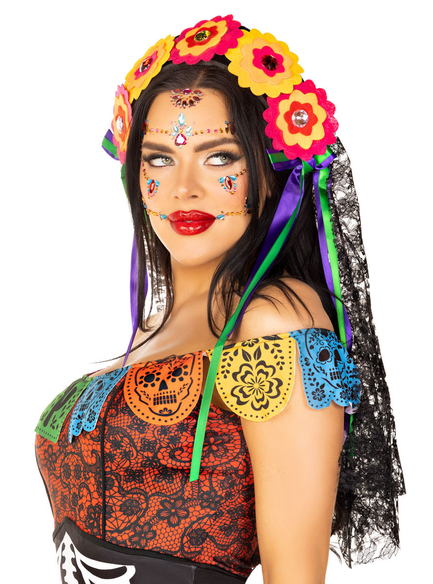 Womens Day Of The Dead Flower Headpiece With Black Lace Veil Side Image