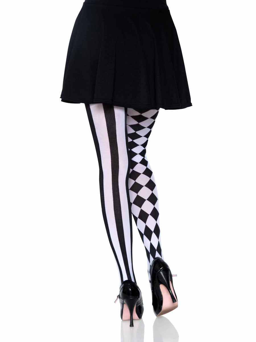 Black And White Harlequin Full Length Costume Stockings - Back Image
