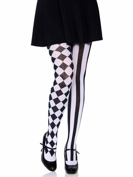 Black And White Harlequin Full Length Costume Stockings - Main Image