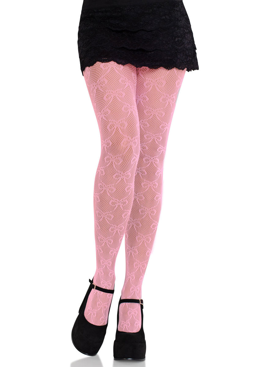 Womens Pink Fishnet Bow Print Full Length Pantyhose Front Image