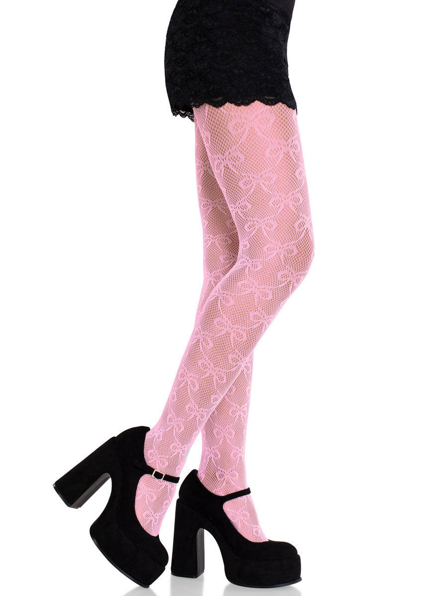 Womens Pink Fishnet Bow Print Full Length Pantyhose Side Image