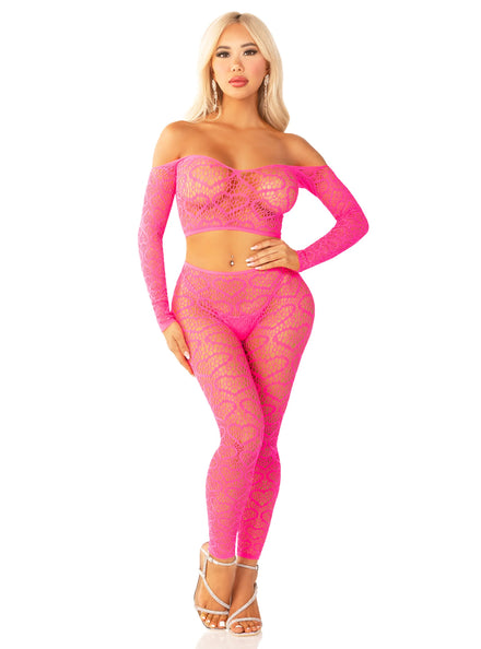 Heart Net Sexy Neon Pink Crop and Leggings Set