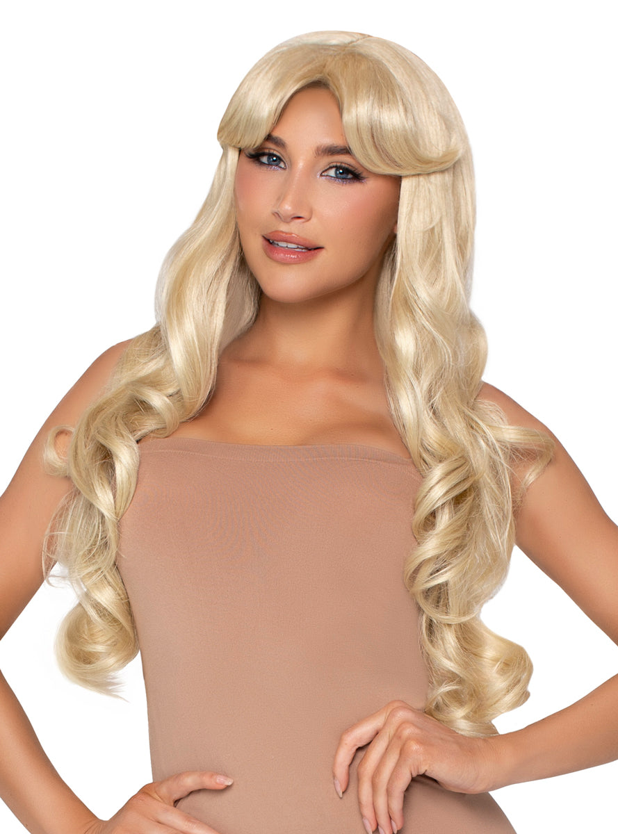 Womens Long Blonde Curly Costume Wig With Curtain Bangs