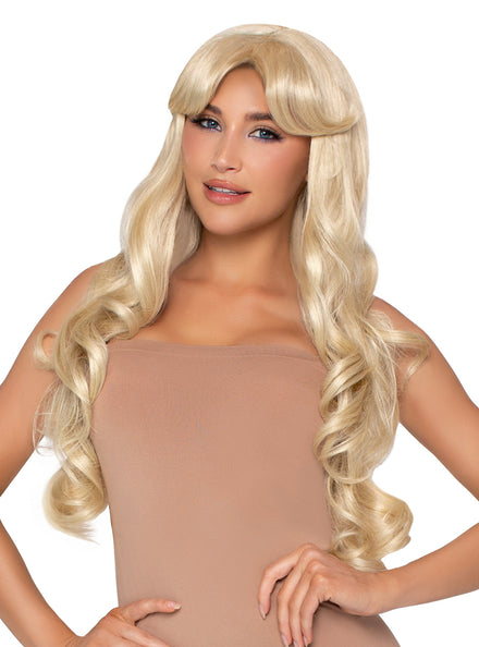 Womens Long Blonde Curly Costume Wig With Curtain Bangs
