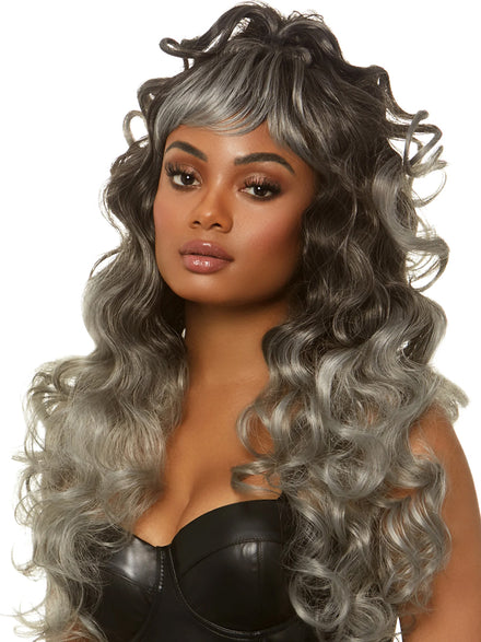 Womens Long Curly Grey Ponytail Costume Wig Main Image