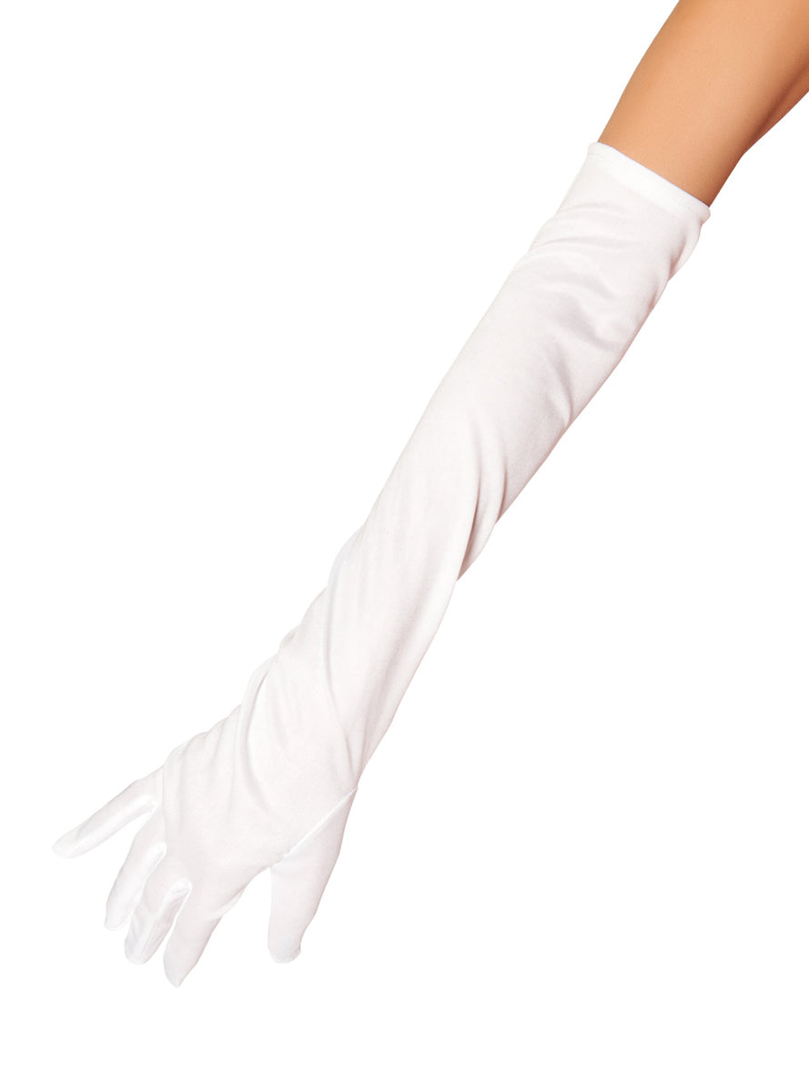 Womens Long White Stretch Satin Costume Gloves - Main Image