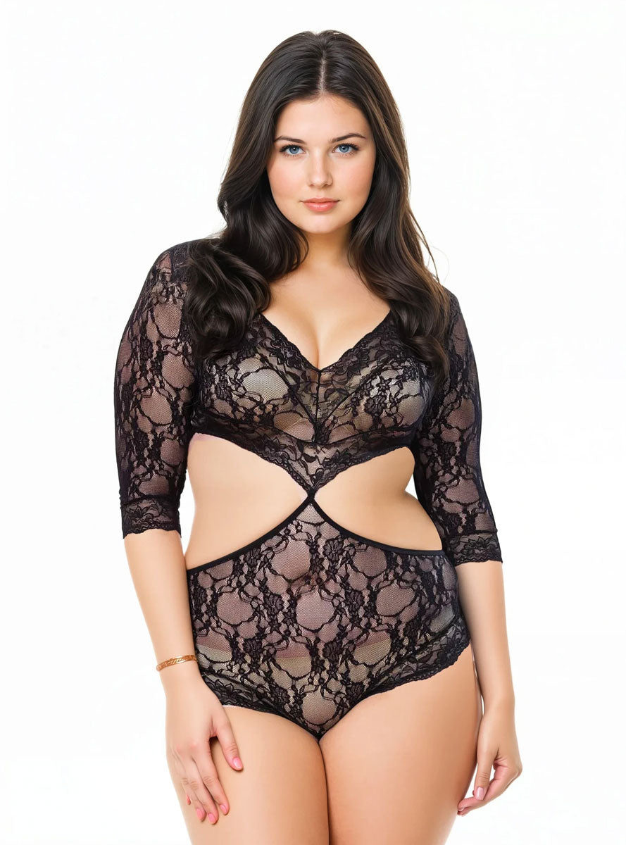 Plus Size Womens Black Lace Cut Out Bodysuit Front Image